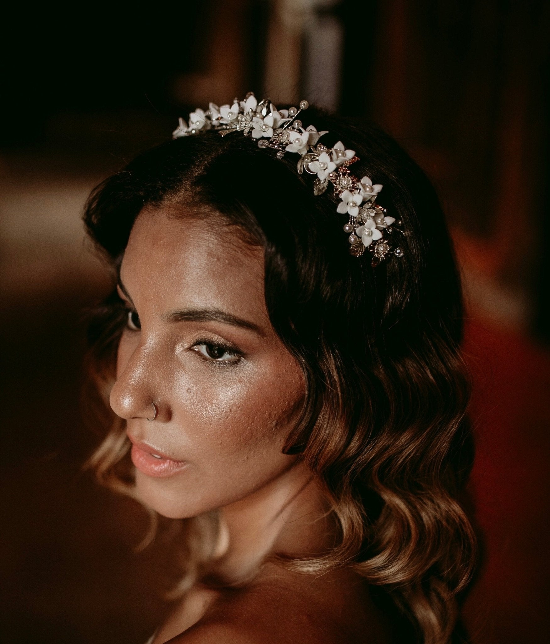 White porcelain bridal crown - Petal & Pearl