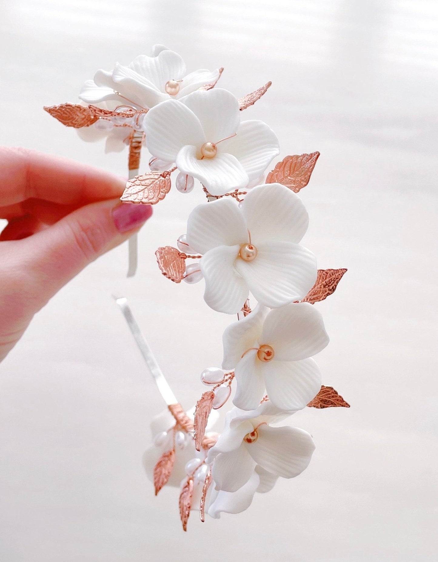 White porcelain flower bridal headpiece - Petal & Pearl