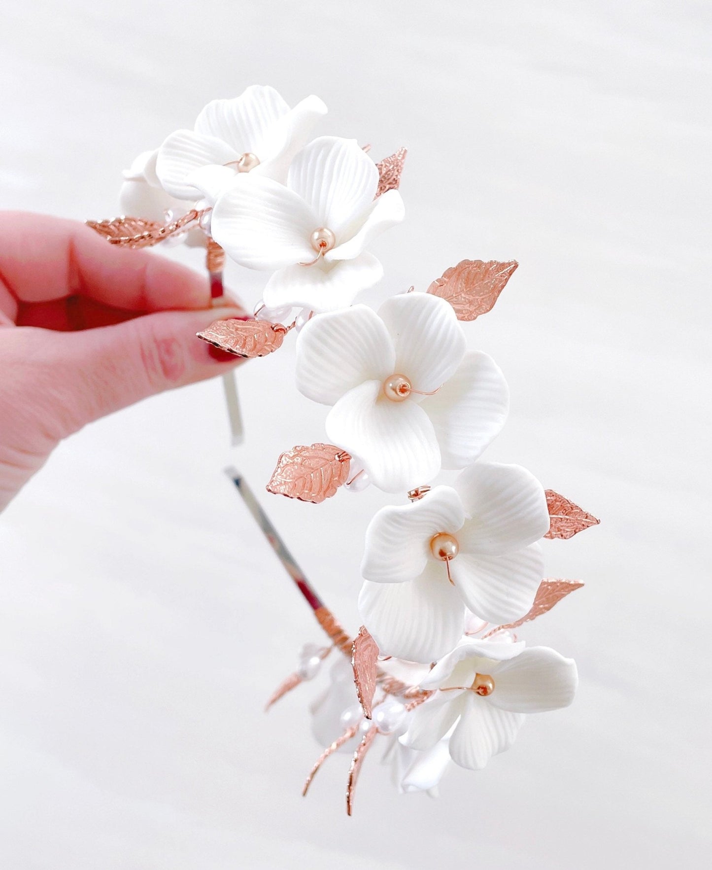 White porcelain flower bridal headpiece - Petal & Pearl