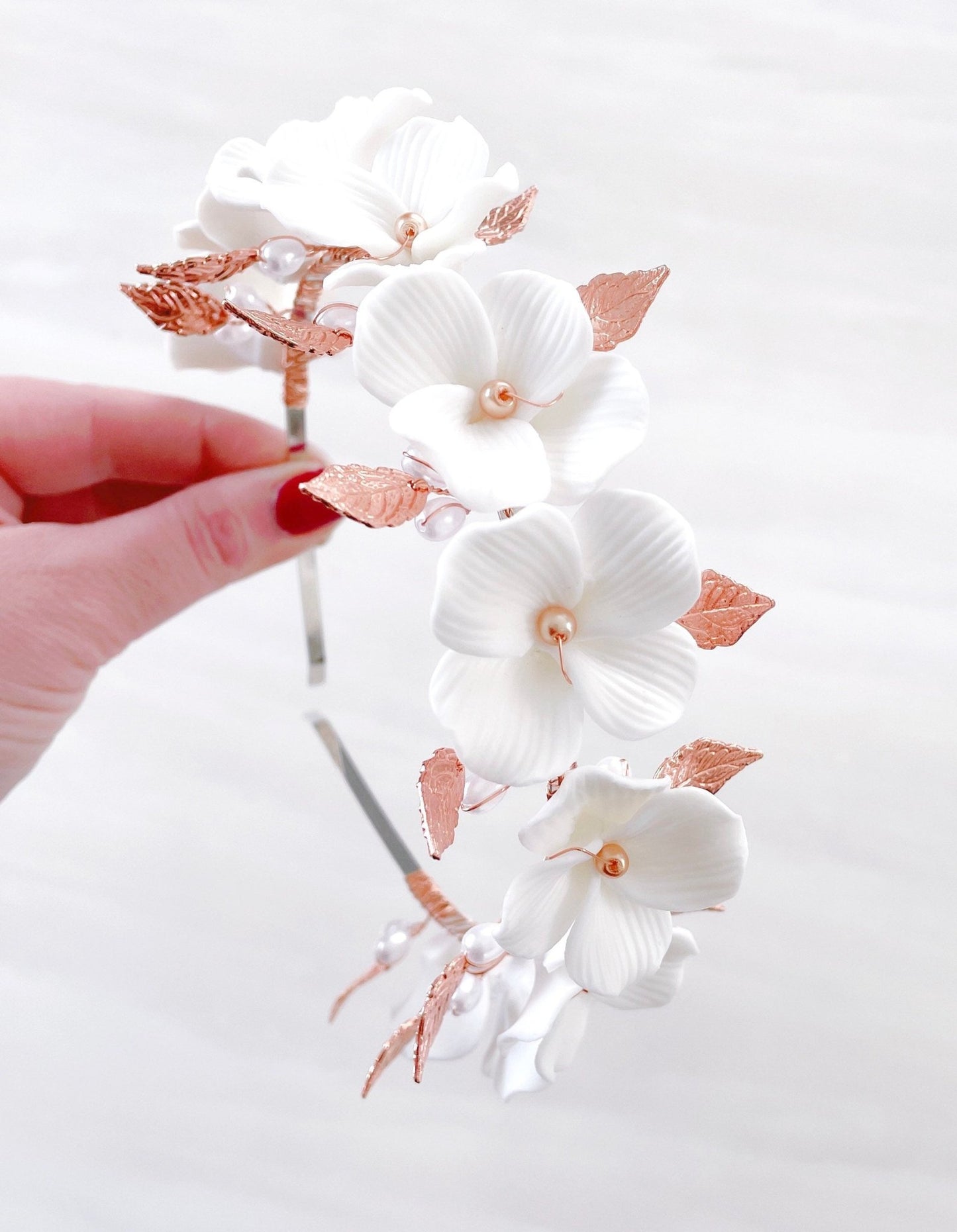 White porcelain flower bridal headpiece - Petal & Pearl