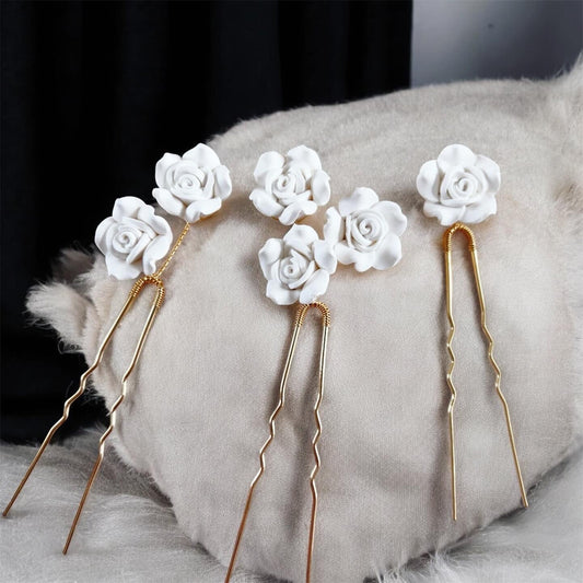 White Rose Bridal Hair Pins - Petal & Pearl