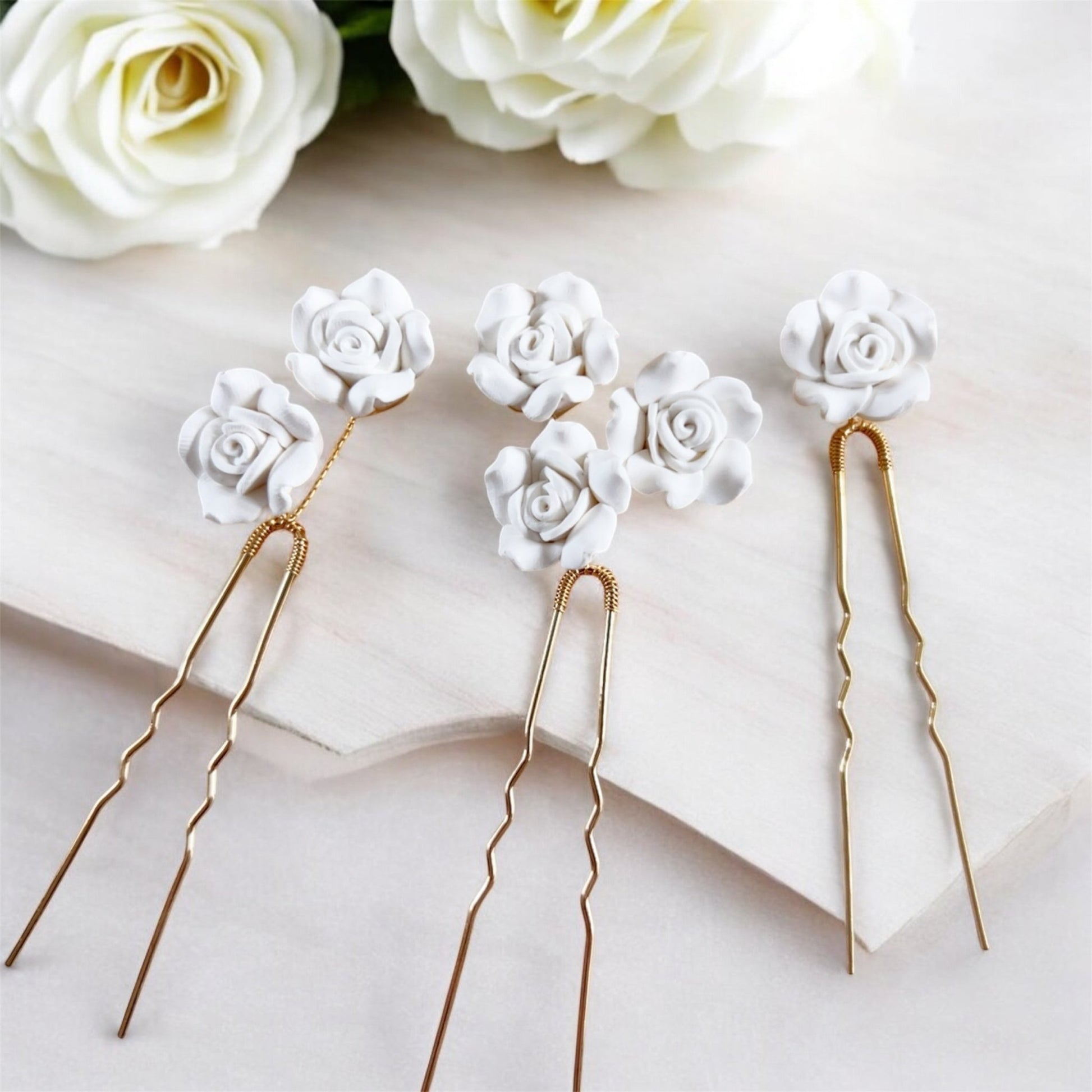 White Rose Bridal Hair Pins - Petal & Pearl