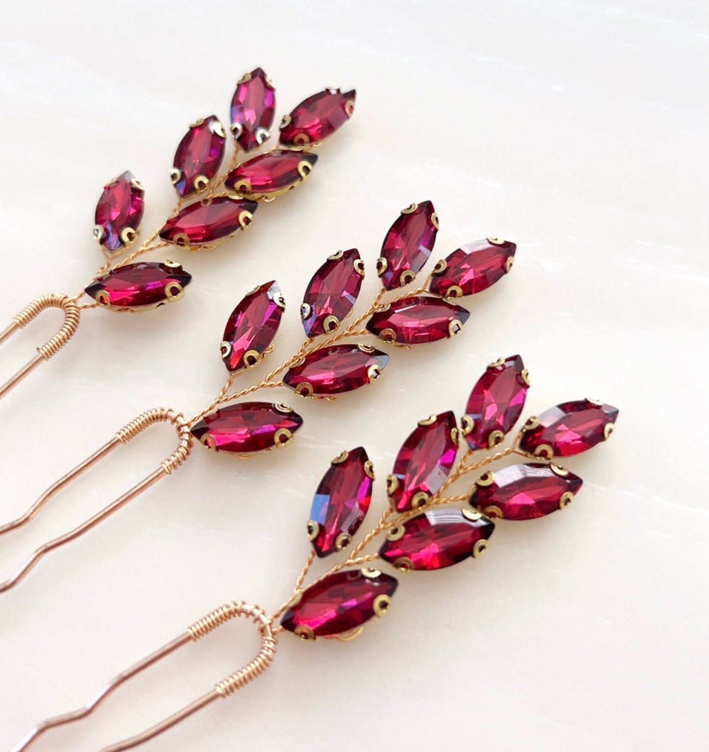 Wine red crystal hair pins - Petal & Pearl