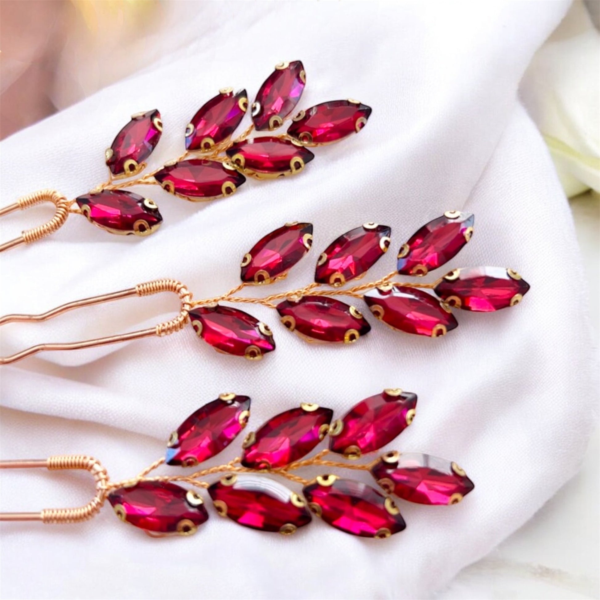 Wine red crystal hair pins - Petal & Pearl