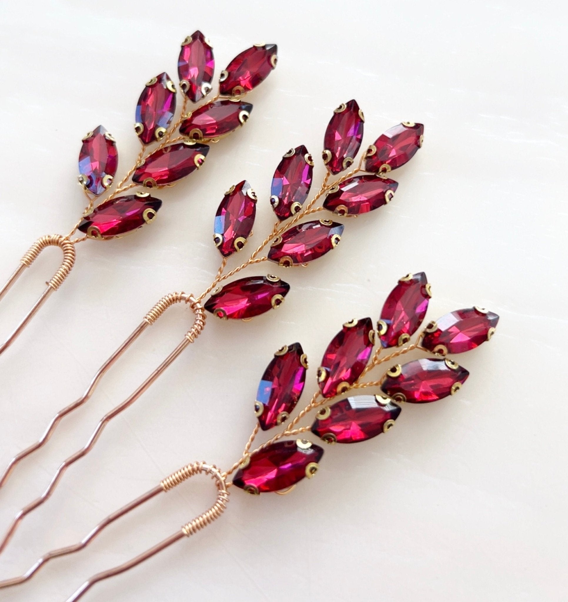 Wine red crystal hair pins - Petal & Pearl