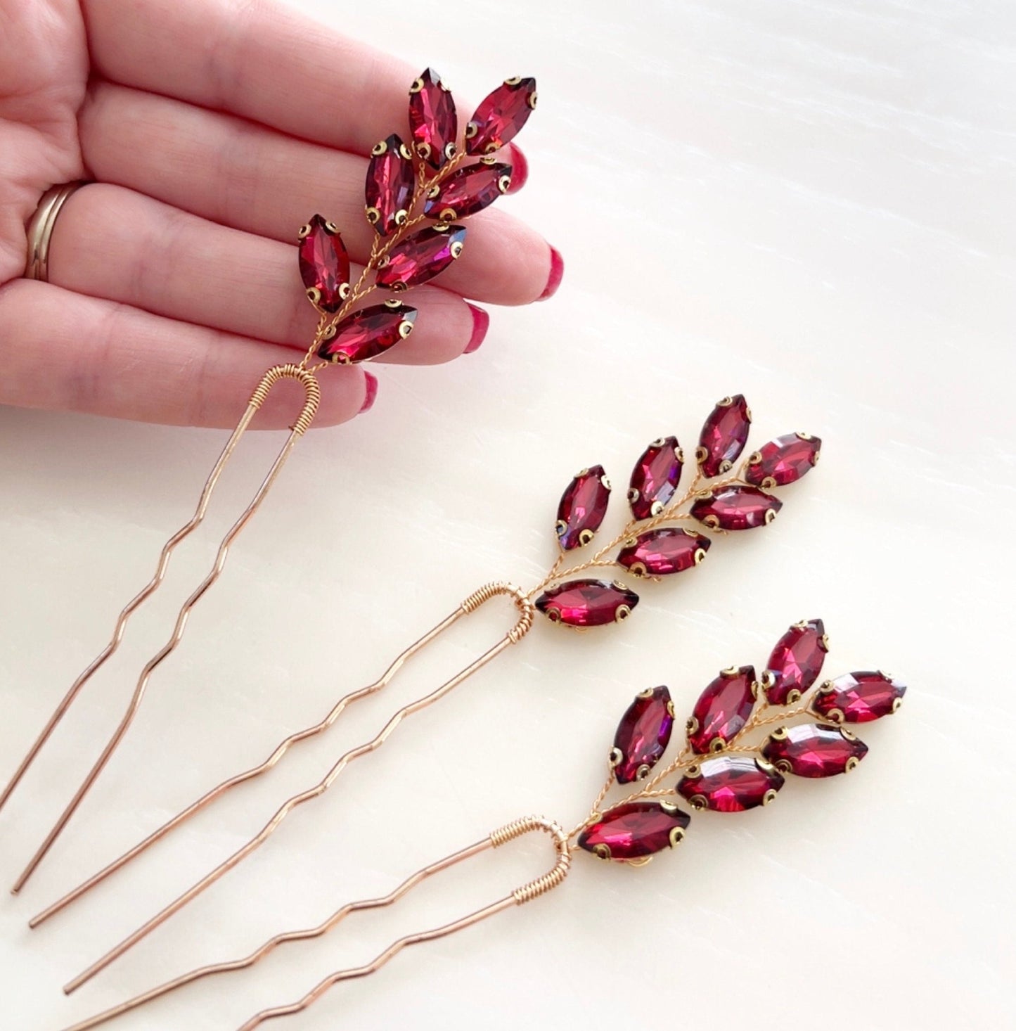 Wine red crystal hair pins - Petal & Pearl